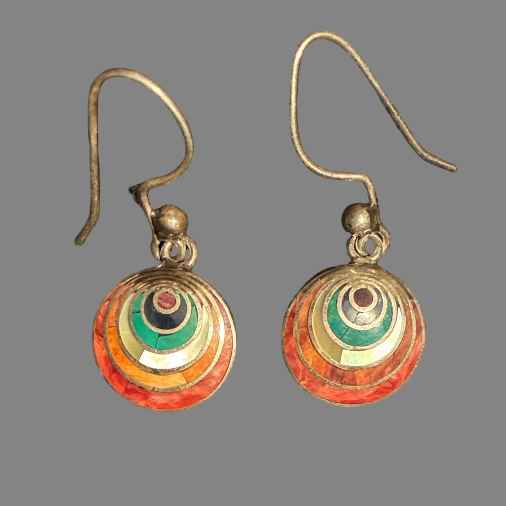 Sterling Inlay Coral, Mother of Pearl, Lapis, Turquoise Rainbow Earrings